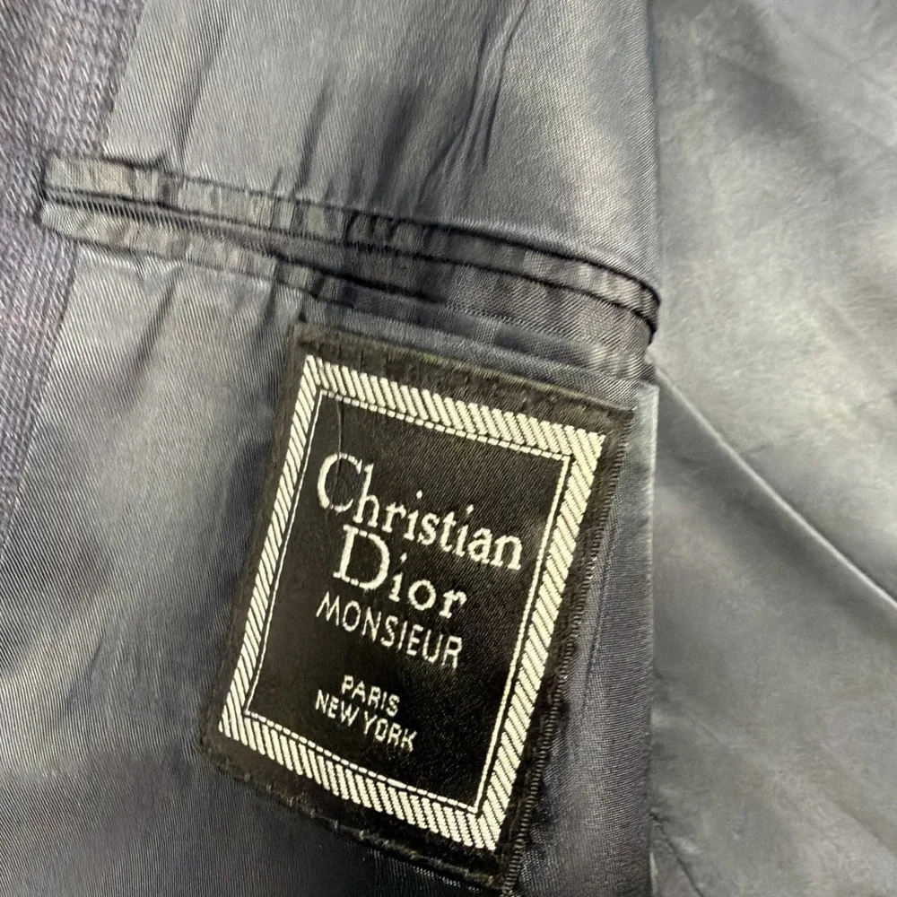 Vintage Christian Dior Monsieur Wool Suit Navy‎ Windowpane USA Pleated 44R 32x34